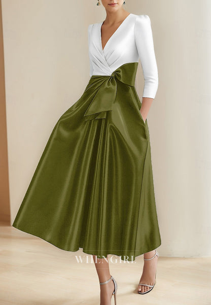 A-Line Pleated V Neck 3/4 Sleeves Tea Length Mother of the Bride Dress