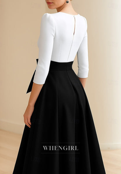 A-Line Pleated V Neck 3/4 Sleeves Tea Length Mother of the Bride Dress