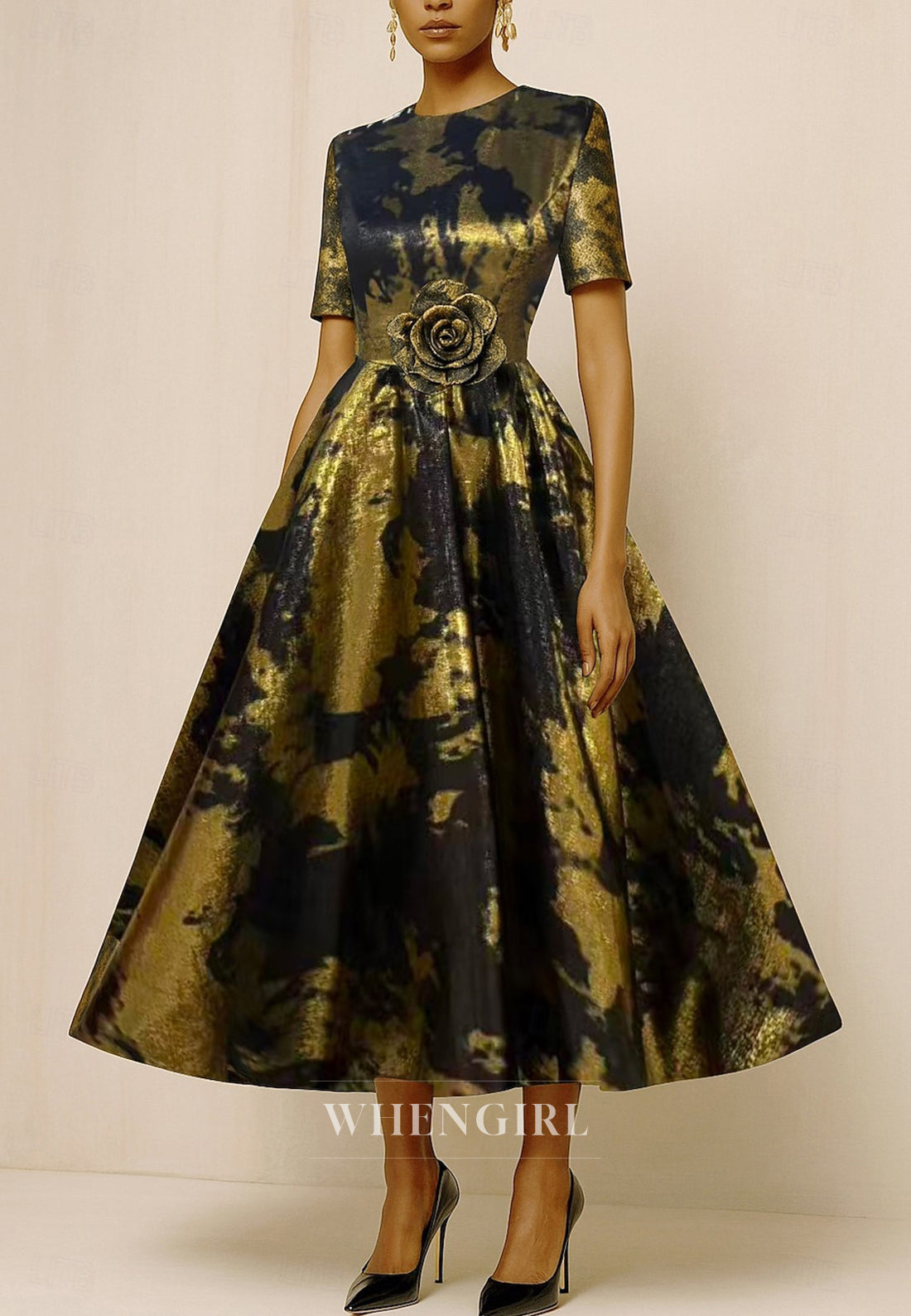 A-Line Bateau Neck Short Sleeves Flower Back Zipper Tea Length Mother of the Bride Dress