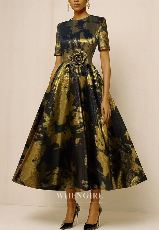 A-Line Bateau Neck Short Sleeves Flower Back Zipper Tea Length Mother of the Bride Dress