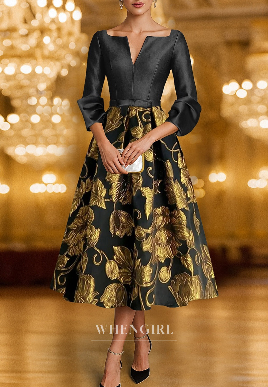 Floral A-Line V Neck 3/4 Sleeves Back Zipper Mother of the Bride Dress