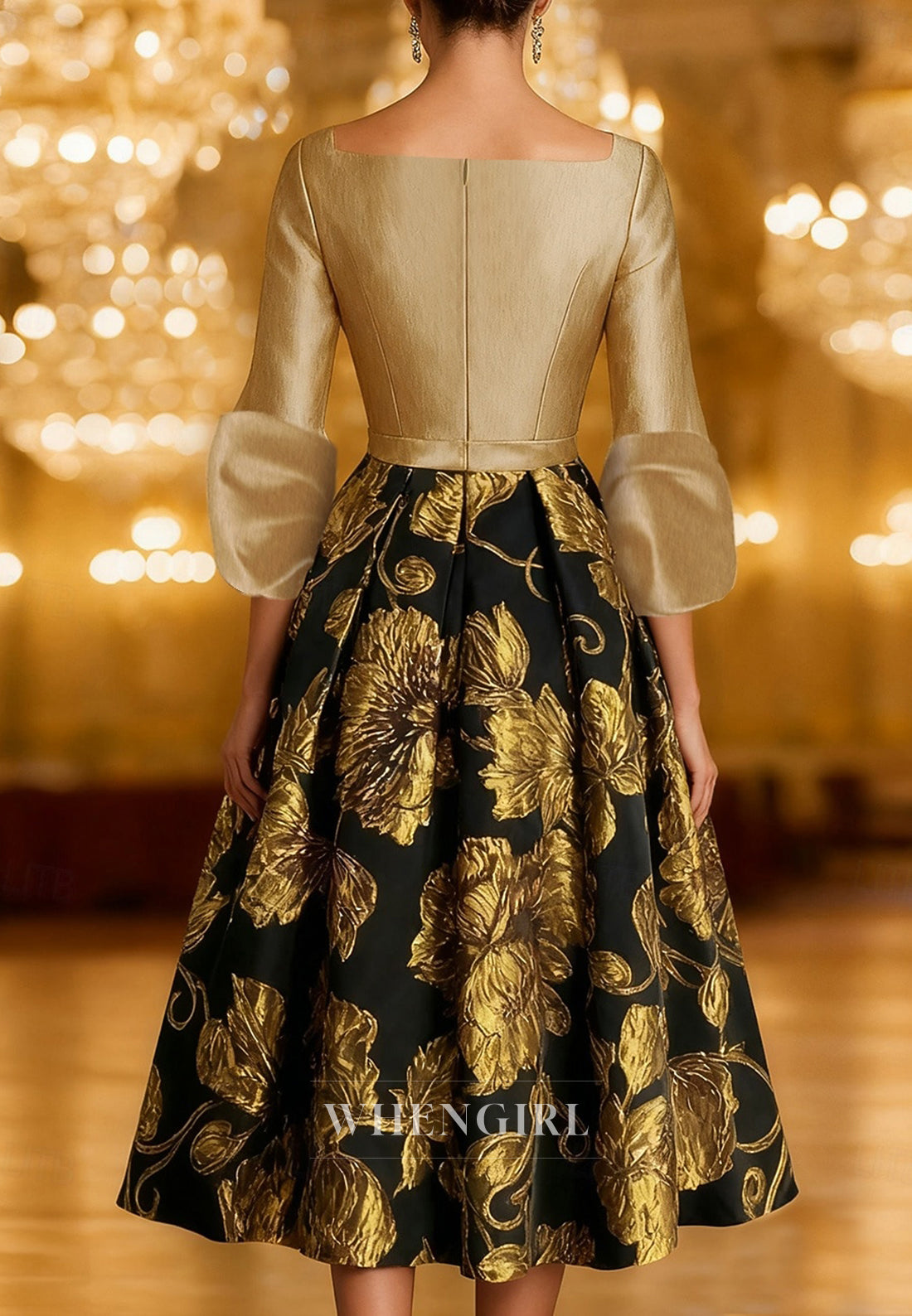 Floral A-Line V Neck 3/4 Sleeves Back Zipper Mother of the Bride Dress