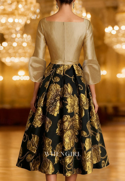 Floral A-Line V Neck 3/4 Sleeves Back Zipper Mother of the Bride Dress