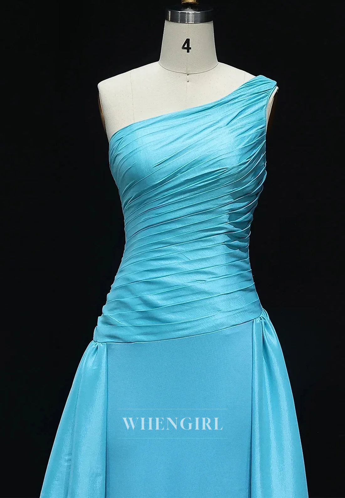Blue One Shoulder Sleeveless Pleated Beaded Sheath Evening Formal Gown