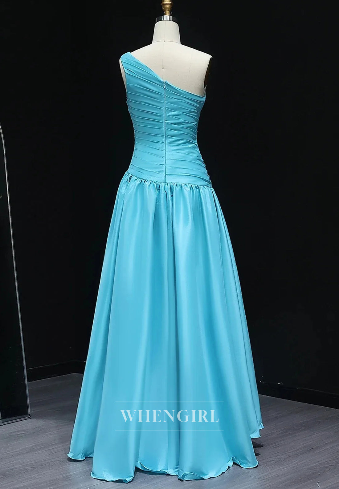Blue One Shoulder Sleeveless Pleated Beaded Sheath Evening Formal Gown
