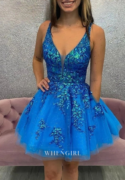 A-Line V Neck Regular Straps Sleeveless Sequins Beading Short Homecoming Dress