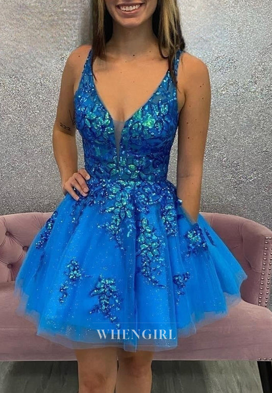 A-Line V Neck Regular Straps Sleeveless Sequins Beading Short Homecoming Dress