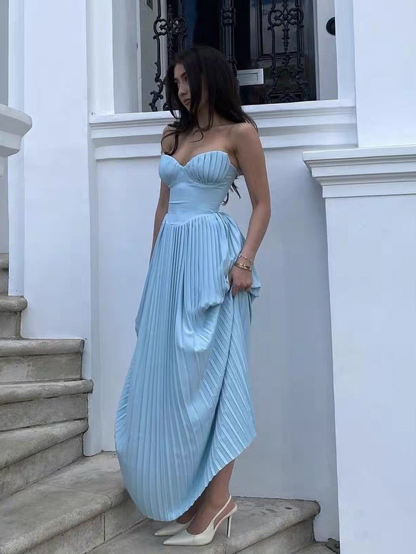 Blue Pleating Chiffon Satin Strapless A-line Charming Party Dress
