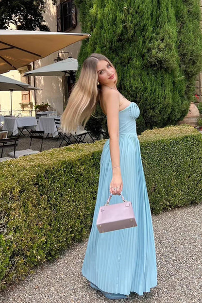 Blue Pleating Chiffon Satin Strapless A-line Charming Party Dress