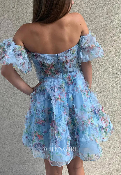 Blue Printed Off the Shoulder A-Line Short Homecoming Dress with Ruffles