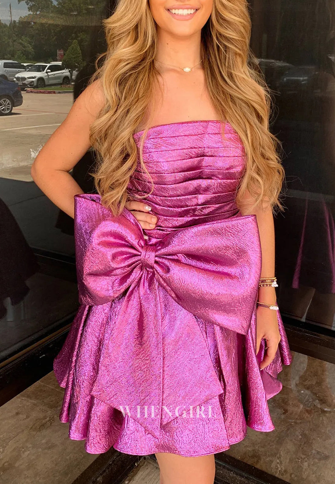 Strapless Pleated Sleeveless A-Line Short Homecoming Dress With Bow