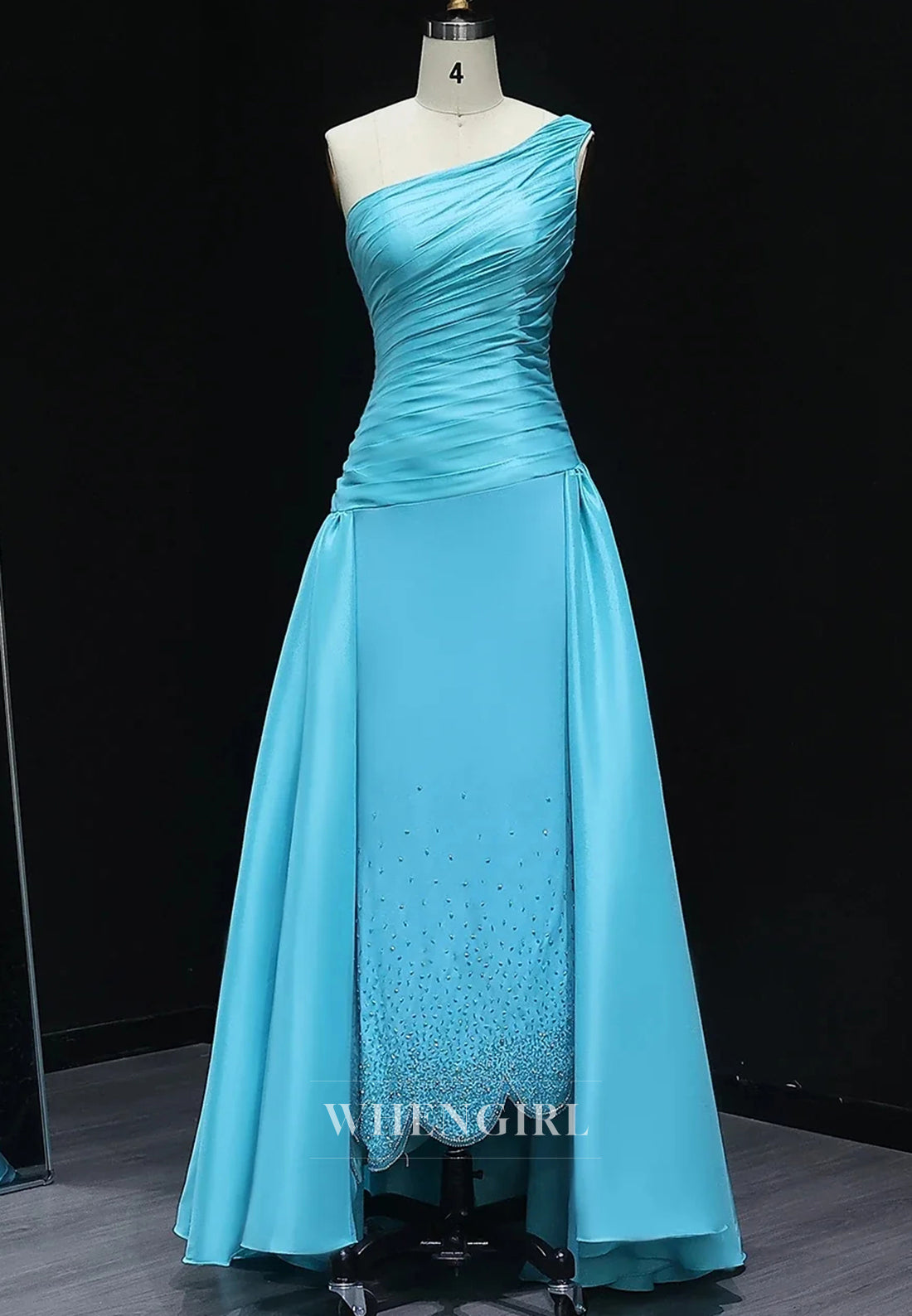 Blue One Shoulder Sleeveless Pleated Beaded Sheath Evening Formal Gown