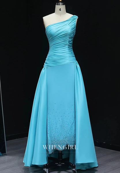 Blue One Shoulder Sleeveless Pleated Beaded Sheath Evening Formal Gown