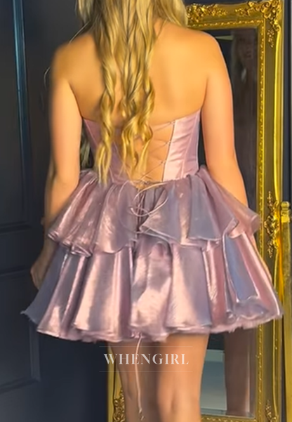 Blush Metallic Sweetheart A-Line Tiered Corset Short Homecoming Dress
