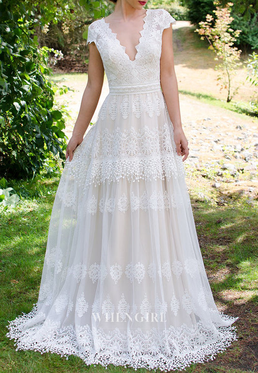 A-Line V Neck Cap Sleeves Lace Cut Out Back Boho Wedding Dress