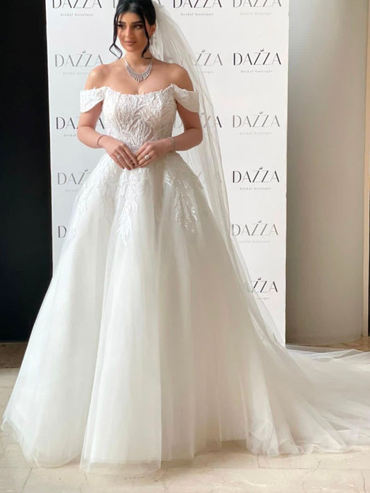A-Line Tulle Off Shoulder Wedding Dress with Court Train