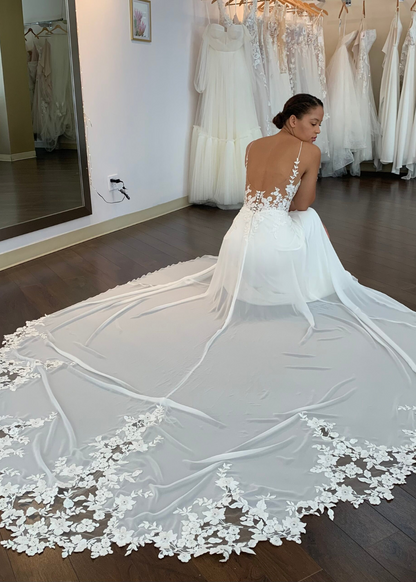 V Neck Spaghetti Strap Floral Lace Mermaid Wedding Dress