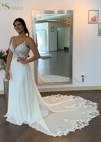 V Neck Spaghetti Strap Floral Lace Mermaid Wedding Dress