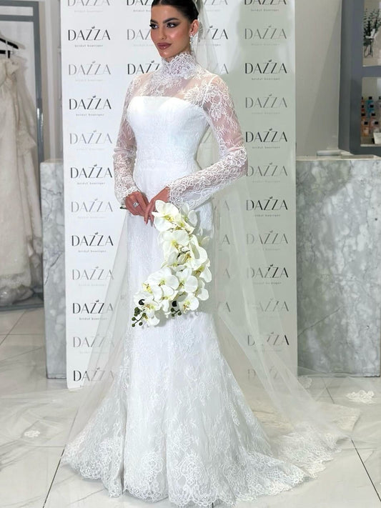 Sheath High Neck Long Sleeves Lace Wedding Dress