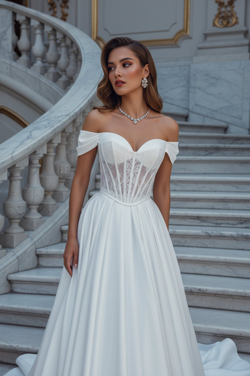 Off Shoulder Corset Lace-up A-line Pleated Court Train Wedding Dress
