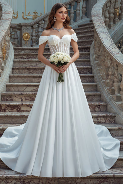 Off Shoulder Corset Lace-up A-line Pleated Court Train Wedding Dress