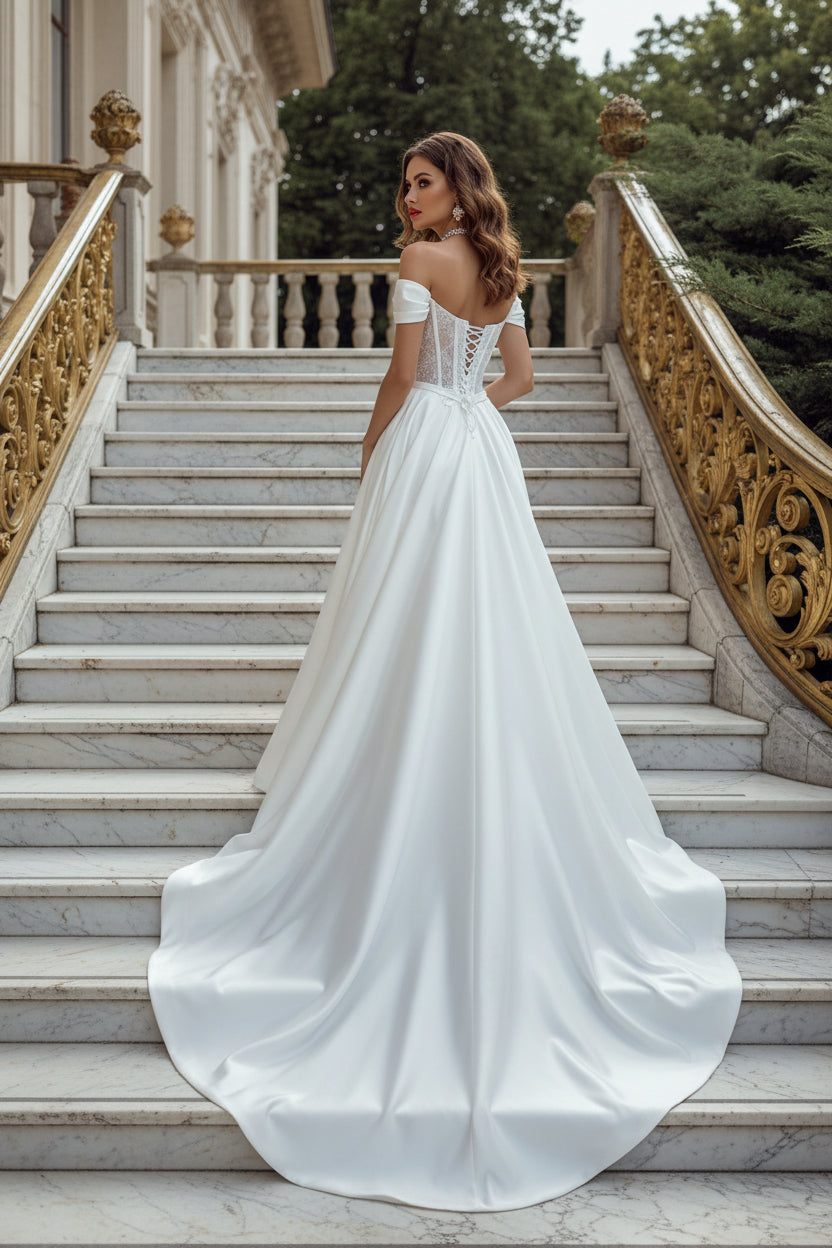 Off Shoulder Corset Lace-up A-line Pleated Court Train Wedding Dress