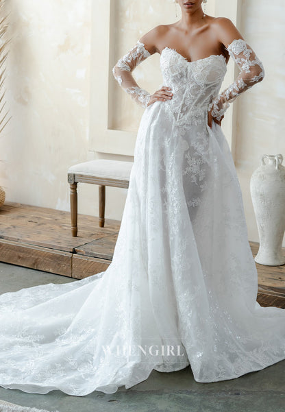 A-Line Sweetheart Long Sleeves Appliqued Lace Court Train Wedding Dress
