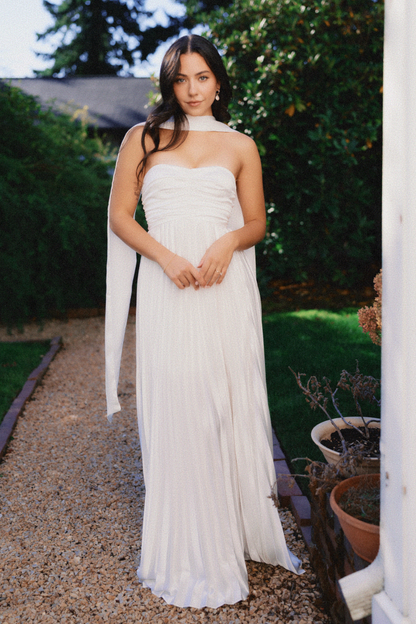 White Strapless Maxi Dress with Neck Scarf