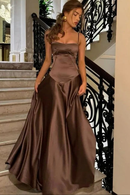 Brown Luxe Silk-Look Long Evening Dress with Fitted Bodice