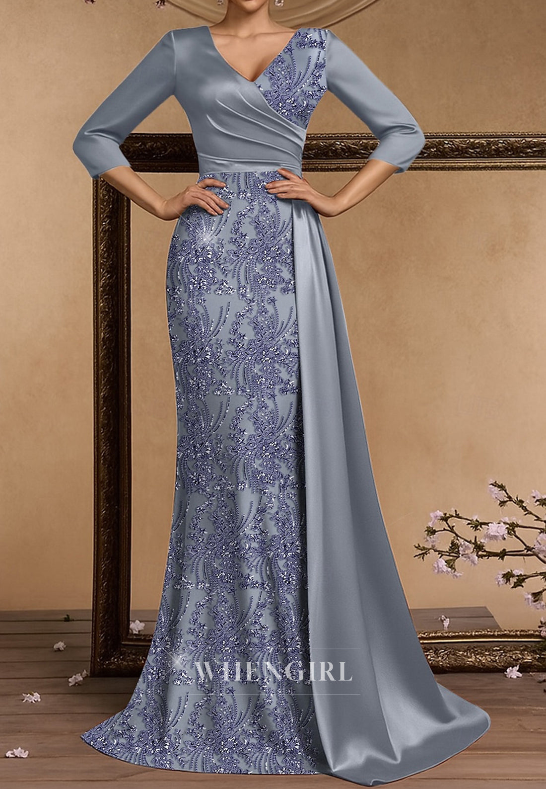 Long Sleeves Floral Sequin Embroidered Lace Mermaid Evening Gown Mother of the Bride  Dress