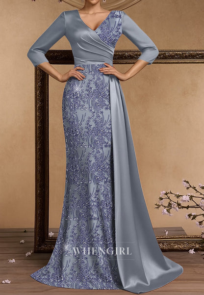 Long Sleeves Floral Sequin Embroidered Lace Mermaid Evening Gown Mother of the Bride  Dress