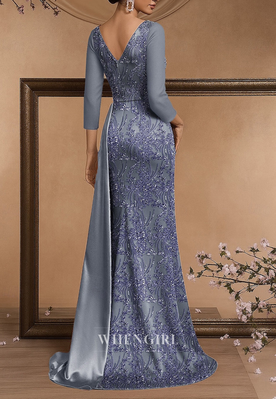 Long Sleeves Floral Sequin Embroidered Lace Mermaid Evening Gown Mother of the Bride  Dress