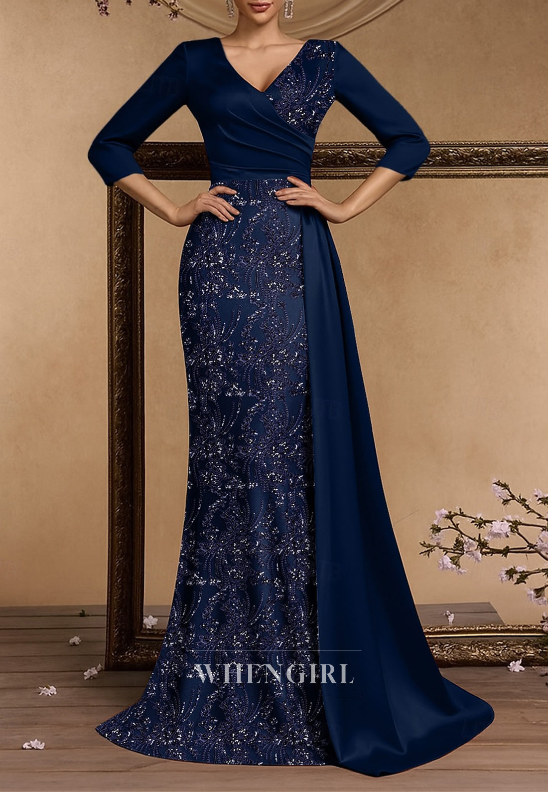 Long Sleeves Floral Sequin Embroidered Lace Mermaid Evening Gown Mother of the Bride  Dress
