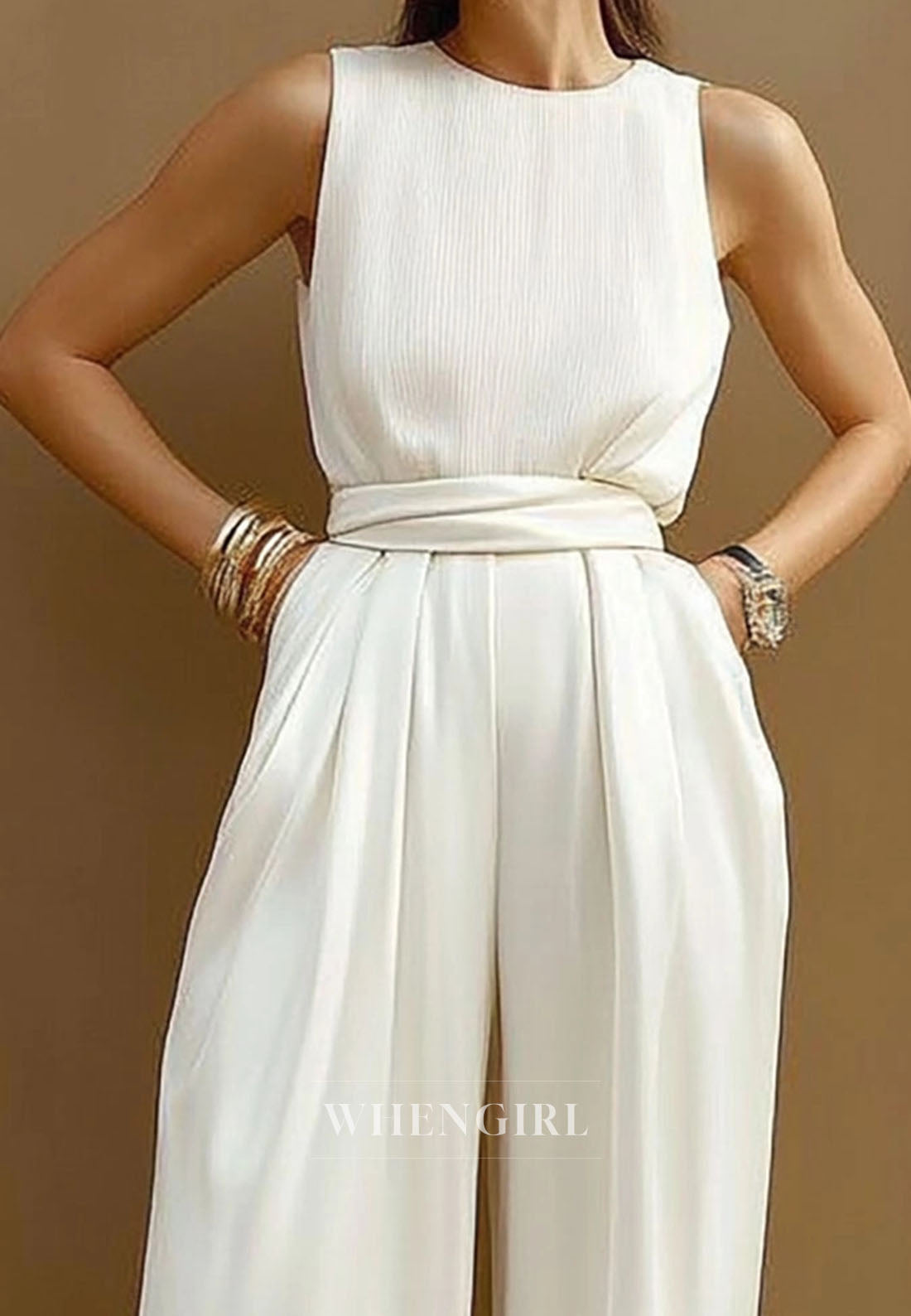 Casual Scoop Neck Sleeveless Pleated Satin Long Loose Daily Jumpsuits