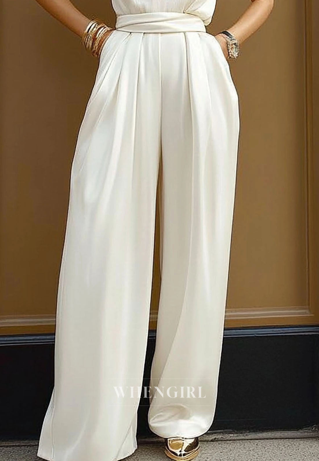 Casual Scoop Neck Sleeveless Pleated Satin Long Loose Daily Jumpsuits