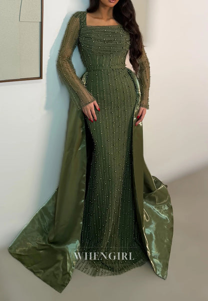 Sheath Square Neck Long Sleeves Beaded Sweep Train Evening Dress