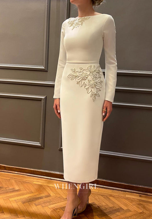 Sheath Satin Flowers Beaded Long Sleeve Wedding Dress