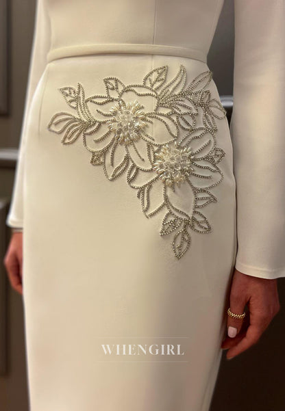 Sheath Satin Flowers Beaded Long Sleeve Wedding Dress