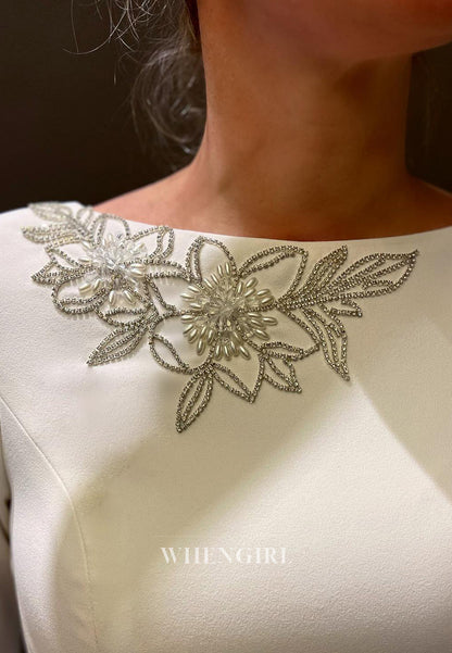 Sheath Satin Flowers Beaded Long Sleeve Wedding Dress