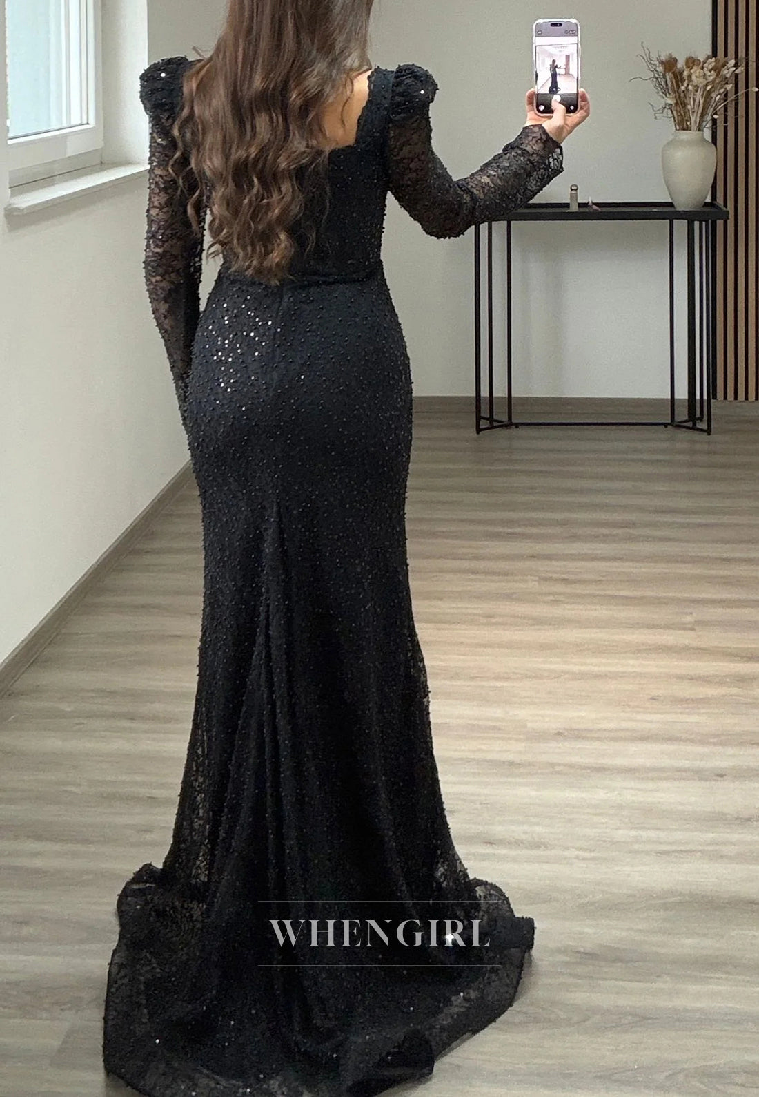 Mermaid Beaded Square Neck Long Sleeves Beaded Lace Evening Formal Dress