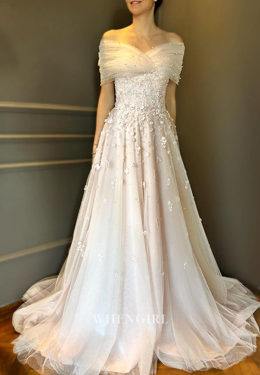 A-Line Tulle Sweetheart Off the Shoulder Flowers Wedding Dress With Sweeep Train