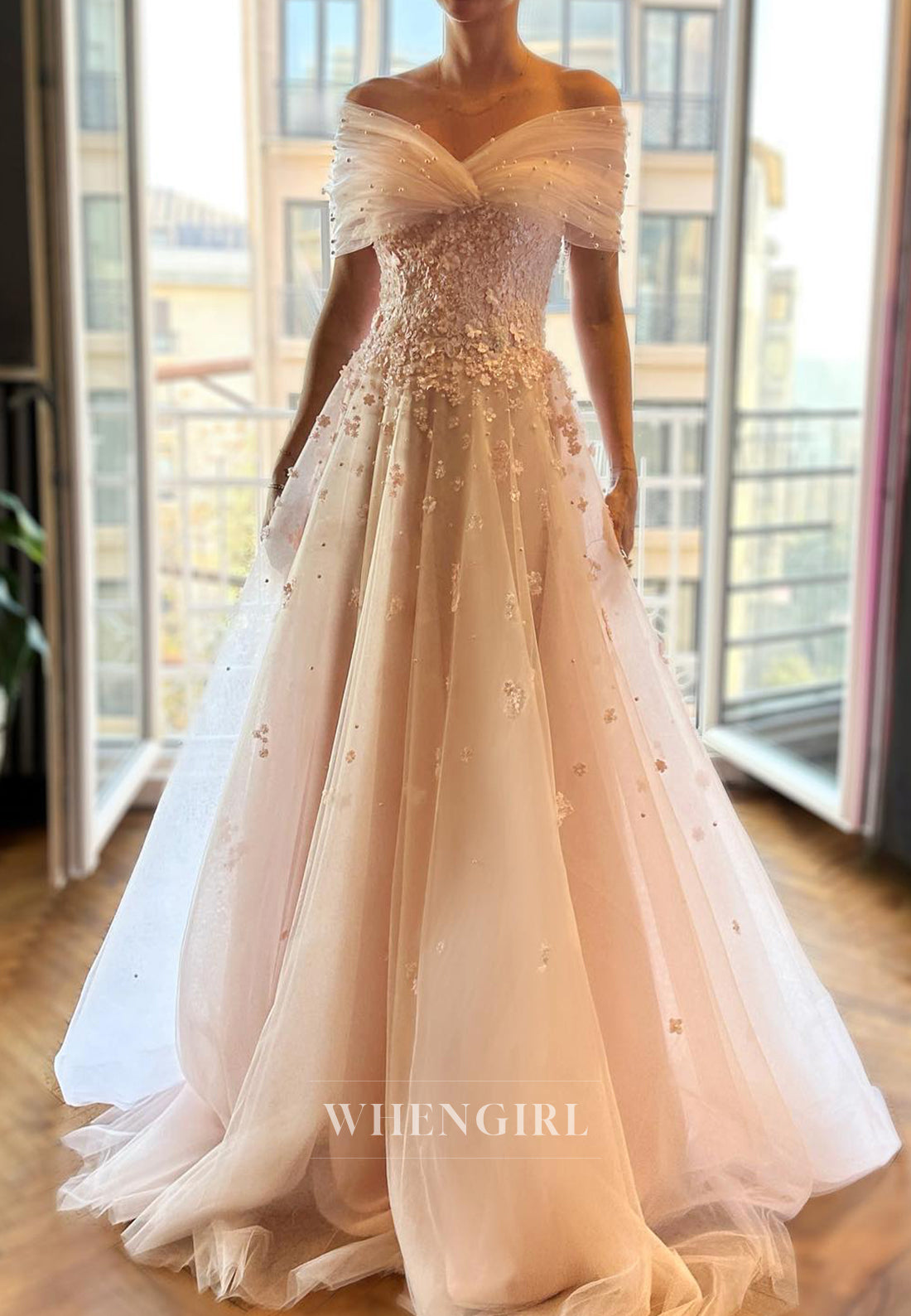 A-Line Tulle Sweetheart Off the Shoulder Flowers Wedding Dress With Sweeep Train