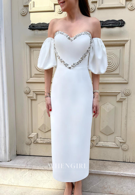 Sheath Beading Sweetheart Satin Ankle-Length Puffy Sleeves Wedding Dress
