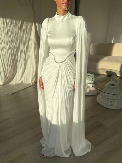 Sheath High Neck Long Sleeves Beaded Ruched Wedding Dress