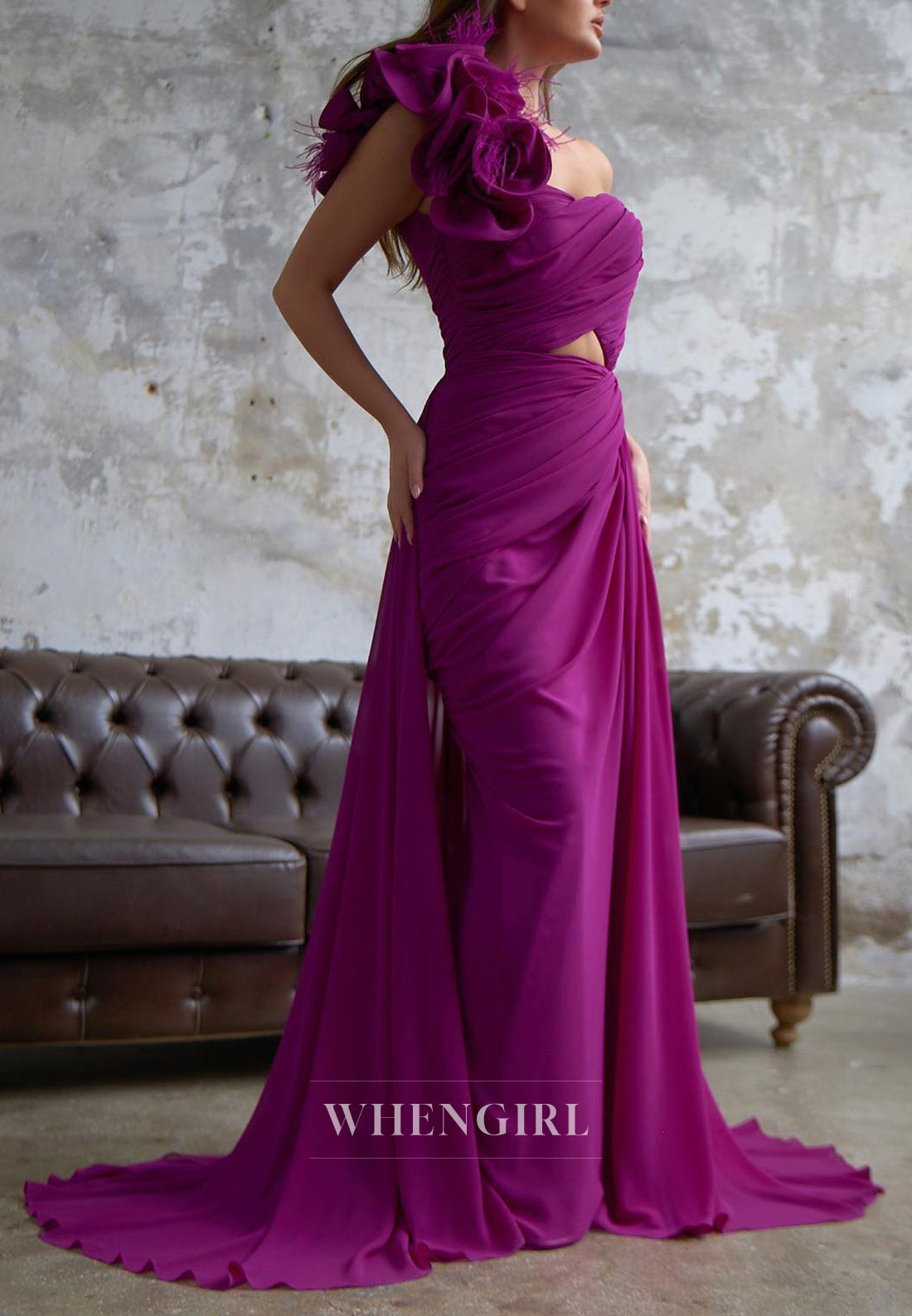 Sheath V-Neck Flower Feather One Shoulder Cut Out Peated Formal Evening Gown with Train