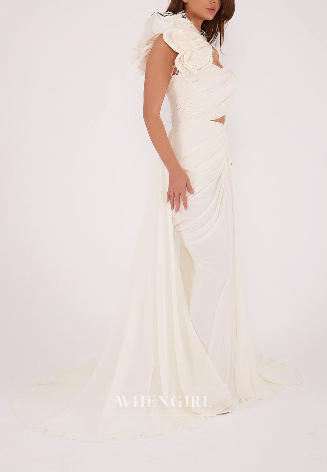 Sheath V-Neck Flower Feather One Shoulder Cut Out Peated Formal Evening Gown with Train