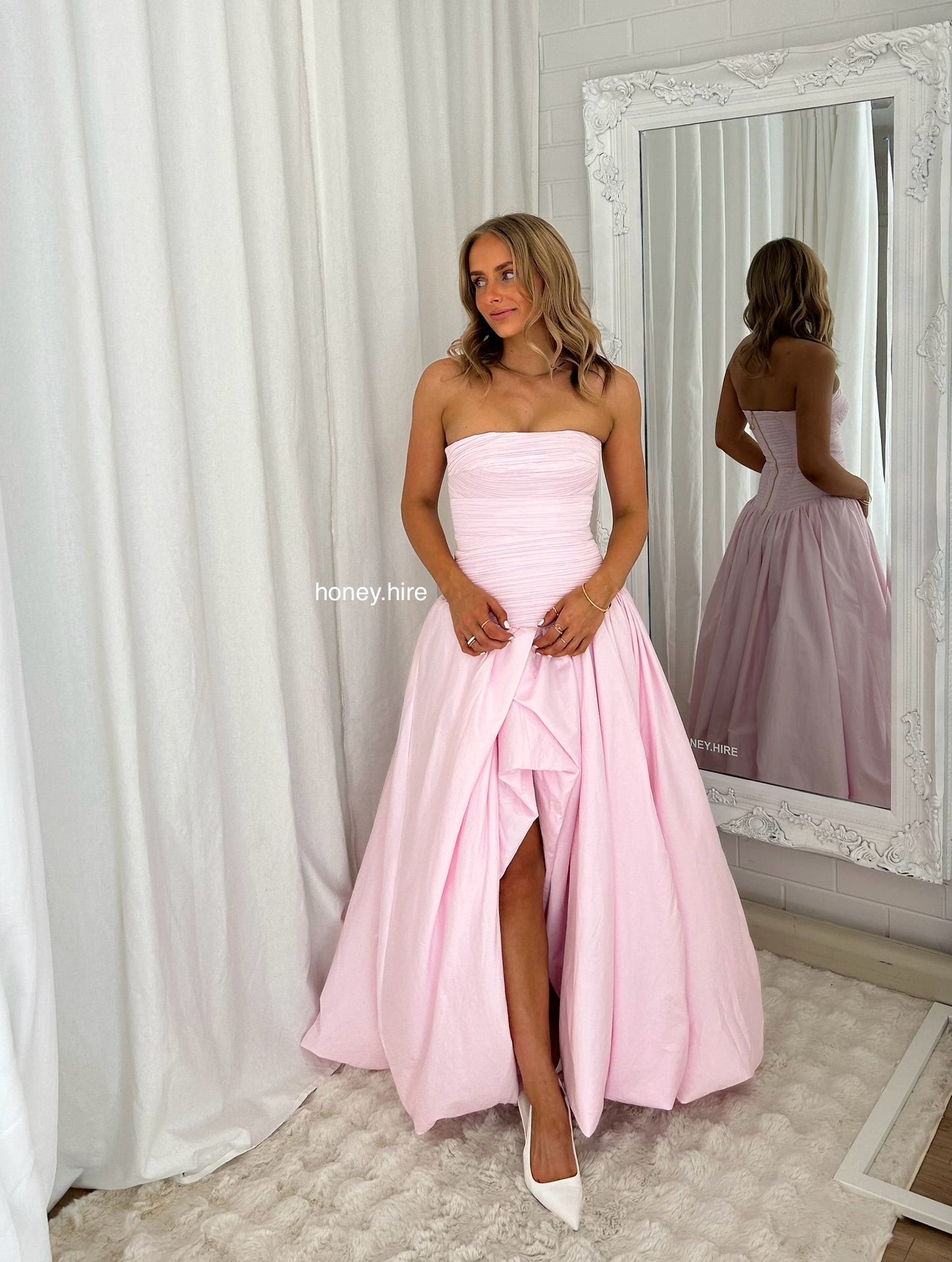 Pink Tube Top Slit Ruched Sleeveless Prom Dress