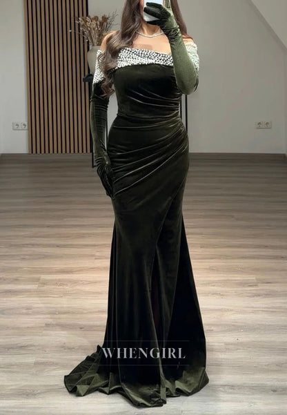 Mermaid Velvet Long Sleeves Beaded Asymmetrical Neck Evening Formal Dress