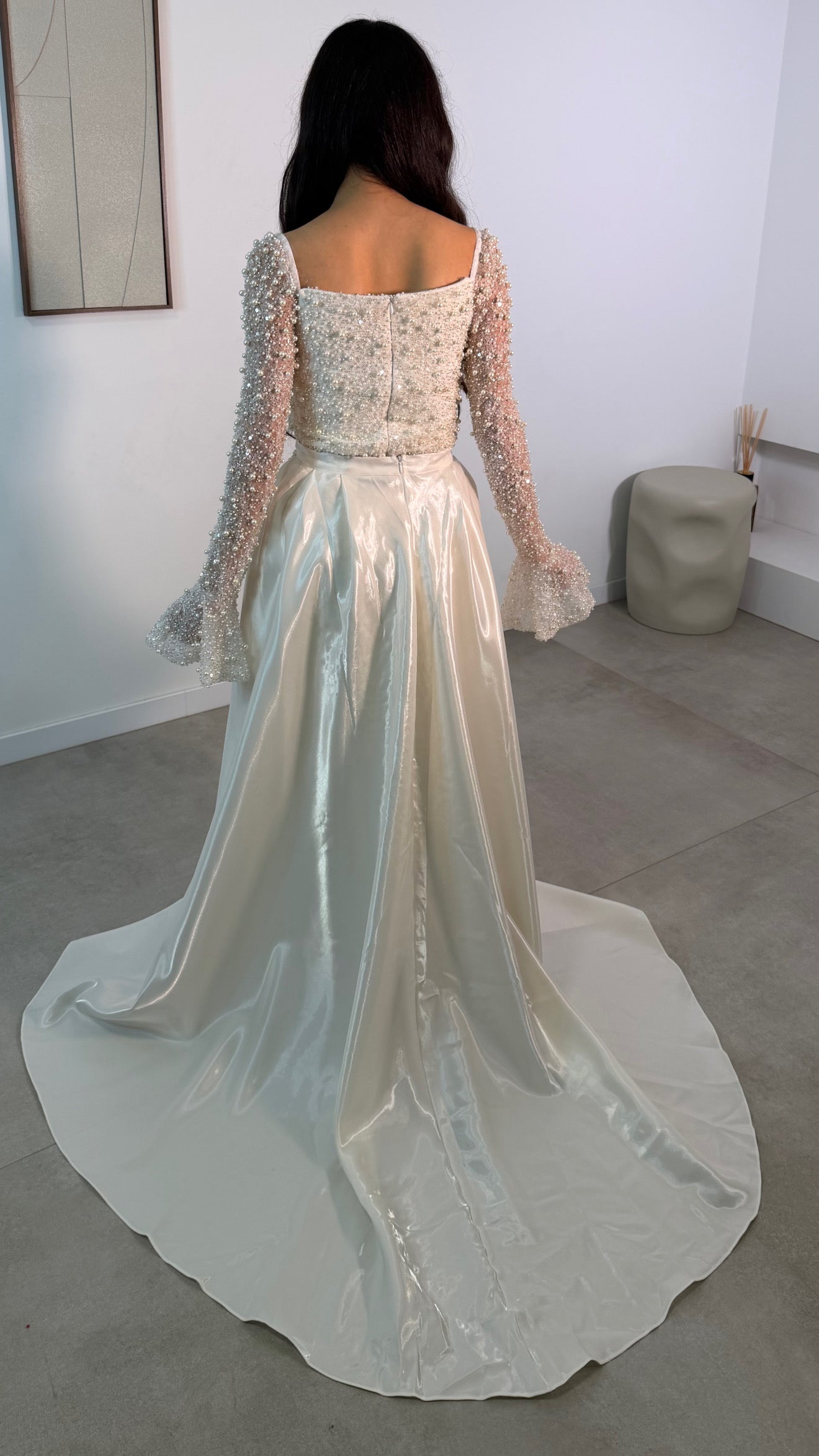 Off White Square Neck Bell Sleeves Beading Formal Gown with Train