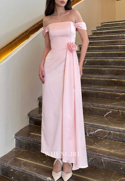 Blush Pink Off Shoulder 3D Floral Satin Maxi Cocktail Dress